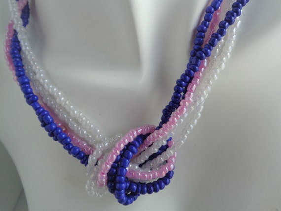 Knotted Multistrand Seed Bead Necklace, Purple Pink White Seed Bead Necklace, Multi layer Necklace, Beaded Statement Necklace, Boho Necklace