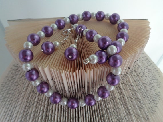 Royalty Purple Pearl Necklace and Earring Set, Dark Purple and white Pearl Necklace, Purple Earrings, Pearl Purple Earrings, Fashion Jewelry
