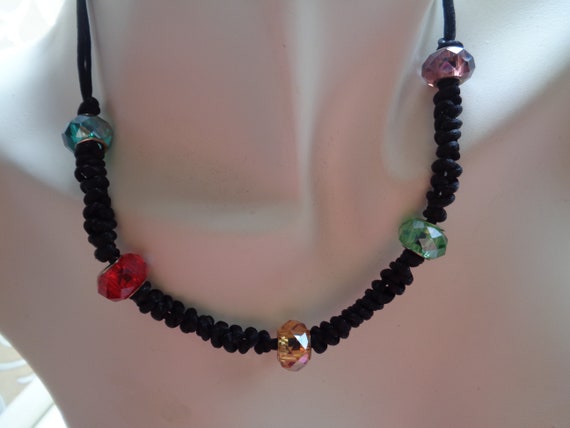 Opalescent European Beads Necklace in Black Rat tail Cord, Unisex Chakra Necklace, Black Cord Necklace, Gift for Her, Gift for him,
