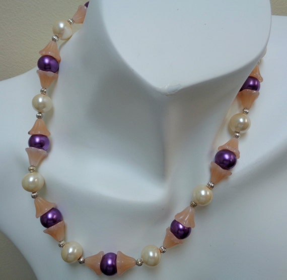 Pink Baby Bell Pearl Necklace and Earrings, Cream Violet Pearl Jewelry Set, Pink Glass Flower Cup Bead Necklace and Earrings, by lanesamarie