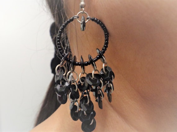 Black Beaded Loop Earrings – Handmade Seed Bead and Sequins Loop Earrings with  – Elegant Statement Accessory for Women by La Nesamarie