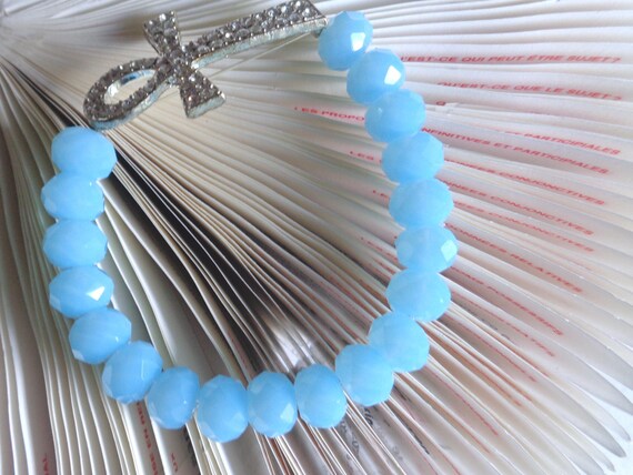 Infinity Bracelet with Egyptian Cross & Light Blue Crystal Beads /Spiritual Jewelry /Handmade  Bracelet with Ankh Symbol and Crystal Beads