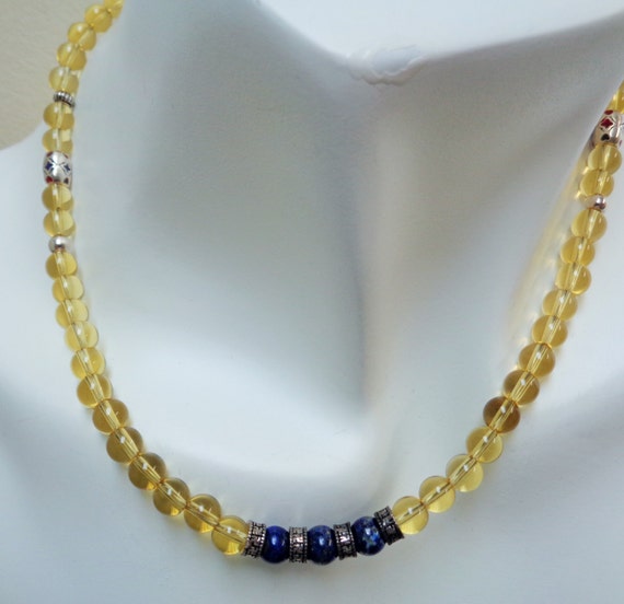 Birthstone Blue Lapis & Citrine Necklace, Light Yellow Crystal Pendant Jewelry, Stylish Gift for Her, Handmade Accessory