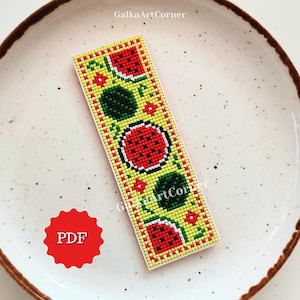 Marcador de livro de ponto cruz com desenho de melancia, arquivo PDF para download imediato, padrão fácil com gráfico colorido, design vibrante da fruta.