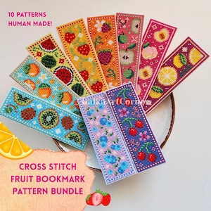 Mega bundle fruit bookmark cross stitch patterns, PDF file for instant download, easy 10 fruit pattern with full color chart,vibrant design