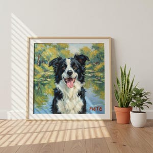 May include: A framed painting of a Border Collie dog with black and white fur, a pink tongue, and a happy expression. The background shows a serene lake scene with trees and lily pads. The artist's signature "FIETE" is visible.