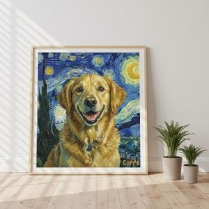 May include: A framed print featuring a Golden Retriever dog with a happy expression, set against a backdrop inspired by Van Gogh's "Starry Night." The artwork blends the dog's portrait with the swirling blues and yellows of the iconic painting.