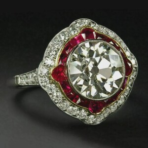 3 kt art-deco vintage stijl in het lab gemaakte diamant en rode robijn 14 kt witgouden afwerkingsring verjaardag