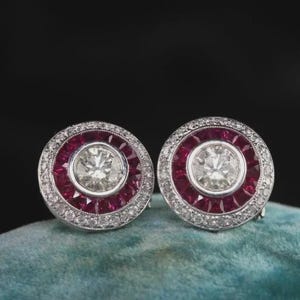 2Ct Art Deco Style Round Lab Created Diamond & Ruby Anniversary 14k White Gold FN Stud Earrings