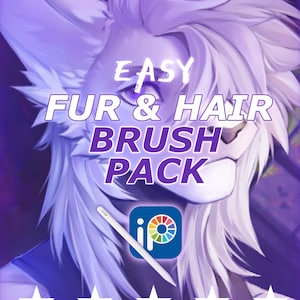 May include: Digital art graphic with a stylized anime character in shades of purple and white. Text overlay reads "EASY FUR & HAIR BRUSH PACK". A white stylus and a colorful app icon are also visible, along with five white stars.