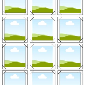 May include: A sheet of twelve square photo frames, each with a landscape scene. The scenes show a blue sky with a white cloud, green rolling hills, and a lighter green foreground. Each frame has black corner mounts.
