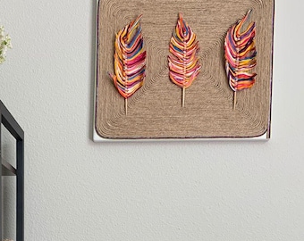 Dopamine Decor Japandi Art  Boho Handcrafted Jute&Yarn Feather Wall Art: Vibrant