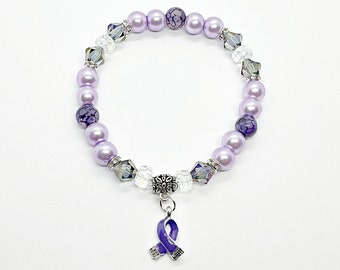 Purple Awareness Ribbon Bracelet, Agate Gemstone, Purple Veined Agate Gemstone Jewelry, Dragon Agate Gemstone Bracelet, Awareness Bracelet