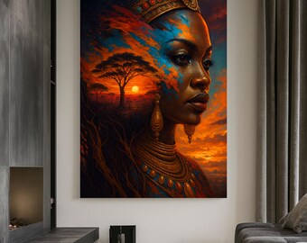 May include: A vibrant portrait of a woman with a regal crown and ornate jewelry, set against a sunset landscape with acacia trees. The artwork features warm orange, blue, and gold tones, creating a striking visual effect. The woman's profile is the focal point.