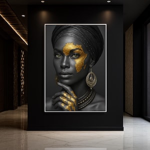 African Queen Wall Art, Gold Africa Map Face Art, Afrocentric Black Woman Portrait, Cultural Pride Home Decor, Regal Tribal Wall Print