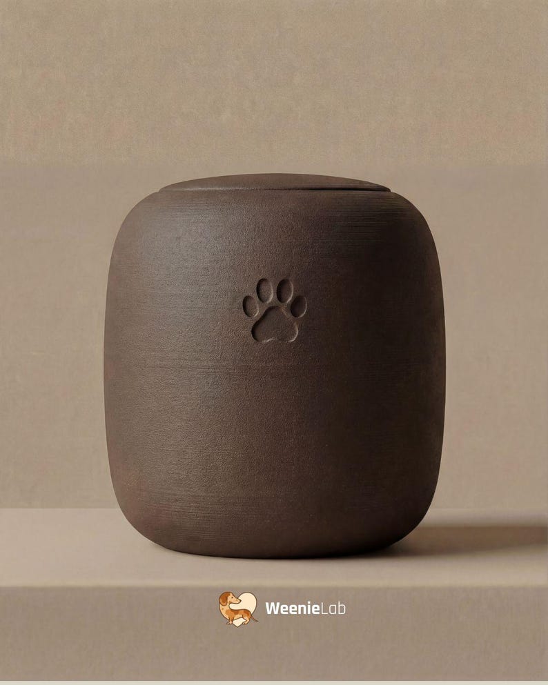 May include: A brown ceramic pet urn with a paw print design. The urn has a rounded shape with a lid and is displayed on a neutral surface. The WeenieLab logo is visible in the bottom right corner.
