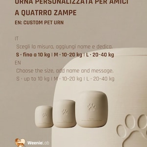 May include: Three beige custom pet urns of varying sizes, each with a paw print design. The urns are labeled with size options: S up to 22 lbs, M 22-44 lbs, and L 44-88 lbs. Text at the top reads "CUSTOM PET URN". The WeenieLab logo is at the bottom.