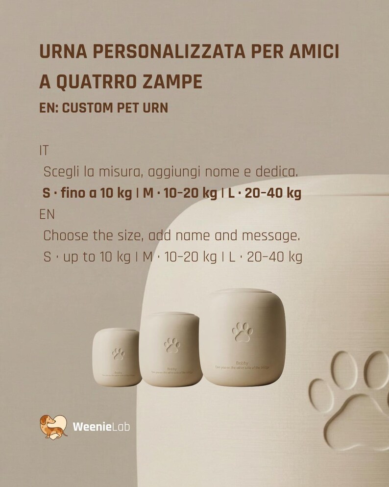 May include: Three beige custom pet urns of varying sizes, each with a paw print design. The urns are labeled with size options: S up to 22 lbs, M 22-44 lbs, and L 44-88 lbs. Text at the top reads "CUSTOM PET URN". The WeenieLab logo is at the bottom.