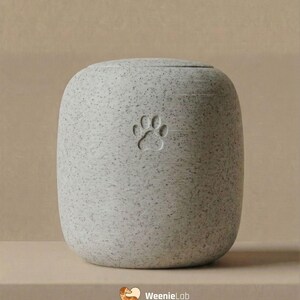 May include: A speckled gray pet urn with a paw print design. The urn has a rounded, cylindrical shape and a lid. The paw print is embossed on the front of the urn. The urn is sitting on a light brown surface.