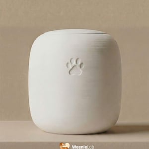 Puede incluir: Urna blanca de cerámica para mascotas con diseño de huella de pata. La urna tiene forma cilíndrica redondeada y acabado mate. El logotipo de WeenieLab es visible en la parte inferior.