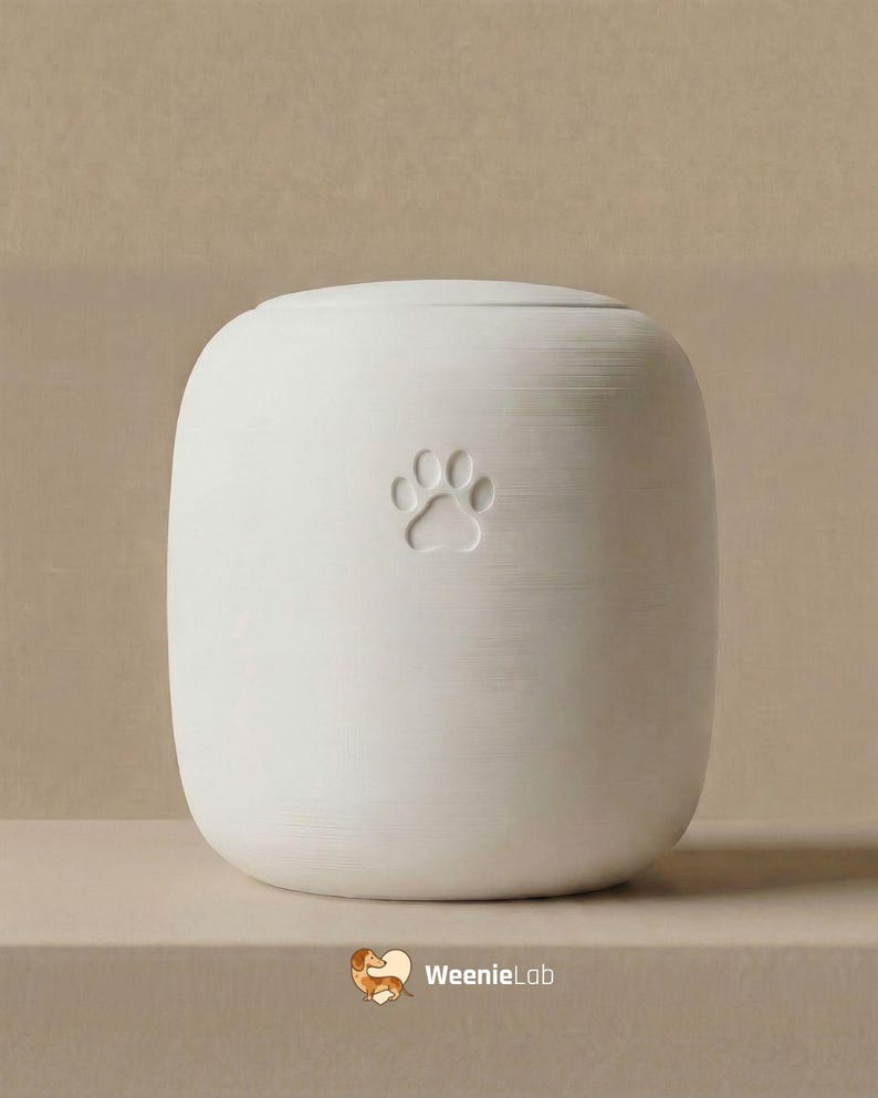 May include: A white ceramic pet urn with a paw print design. The urn has a rounded, rectangular shape and a lid. The paw print is embossed on the front of the urn. The urn is a memorial for a pet.