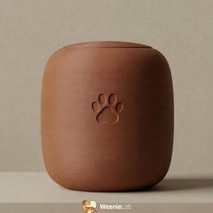 May include: A brown pet urn with a paw print design. The urn has a rounded shape and a lid. The paw print is embossed on the front of the urn. The urn is made of a smooth material.