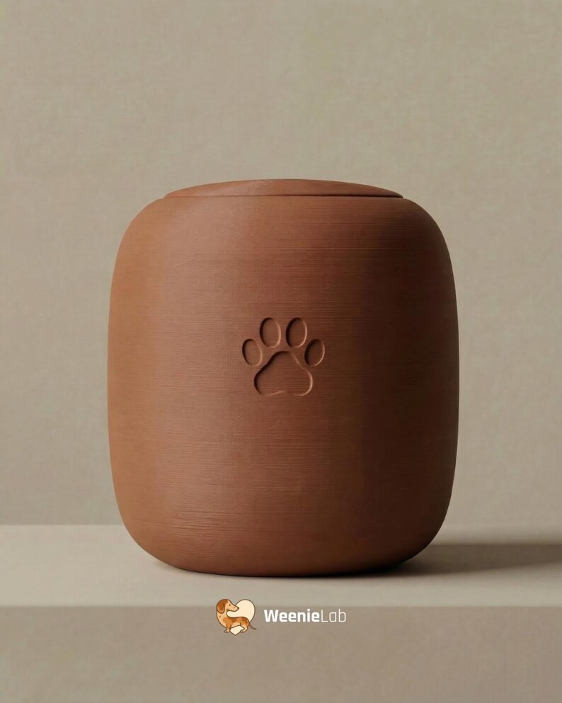 May include: A brown pet urn with a paw print design. The urn has a rounded shape and a lid. The paw print is embossed on the front of the urn. The urn is made of a smooth material.