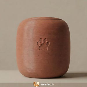 May include: A terracotta-colored pet urn with a rounded shape and a lid. The urn features a paw print design on the front. The WeenieLab logo is visible in the bottom right corner.