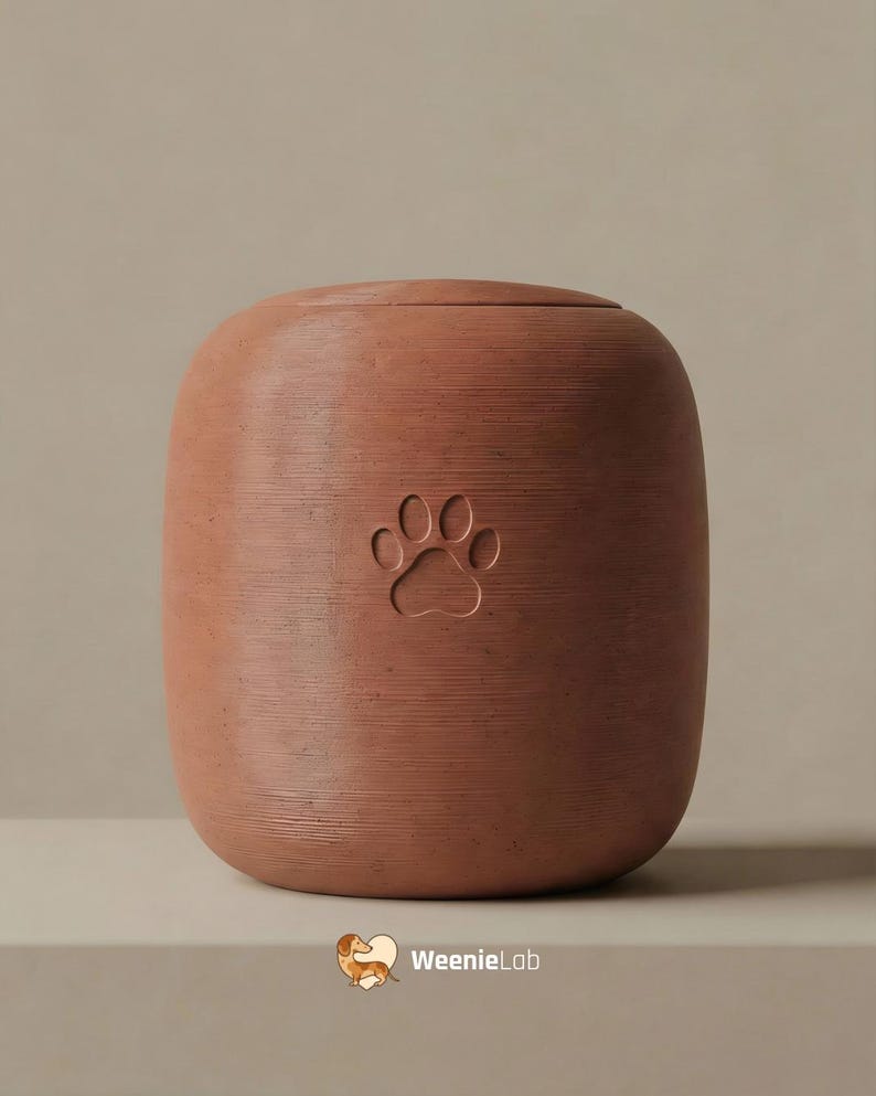 May include: A terracotta-colored pet urn with a rounded shape and a lid. The urn features a paw print design on the front. The WeenieLab logo is visible in the bottom right corner.