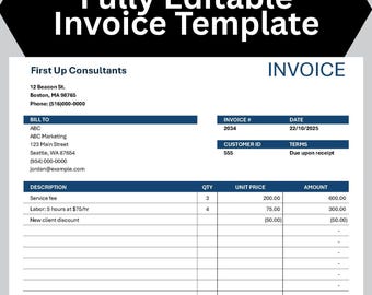 May include: A fully editable invoice template with a black and white design. The invoice includes fields for company information, customer details, and itemized charges. The total amount due is $886.13.
