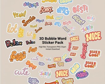 Paquete de stickers de palabras en burbujas 3D / Imágenes PNG transparentes de alta resolución / Descarga instantánea