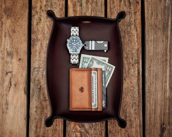 Full Grain Leather Valet Tray: USA Made Organizer with Charging Slot