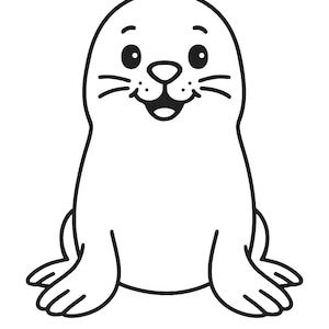 May include: A black and white cartoon illustration of a seal. The seal has a round head, large eyes, whiskers, and a smiling mouth. Its flippers are visible, and it is sitting upright.