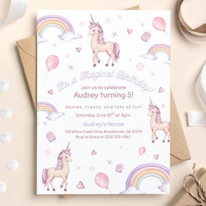 Invito di compleanno unicorno modificabile, modello di invito per festa di compleanno di una ragazza arcobaleno magica, invito di compleanno stampabile da scaricare digitalmente