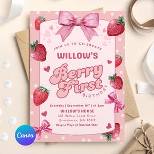 Editable Berry First Birthday Invitation Template, Strawberry 1st Birthday Party Invite, Pink Girls Birthday Canva Invite, Instant Download