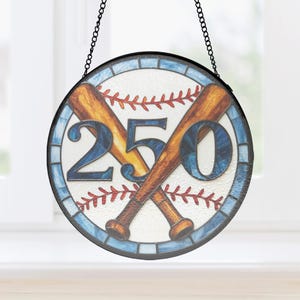 Classic Baseball Window Suncatcher, Stained Glass Round Hanging with 250th Theme for Dad or Coach Gift, patriotic glass art