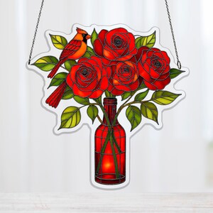 Deep Red Thorny Roses Cardinal Acrylic Suncatcher, Bottle Hanging Decor for Rose Lovers, red rose decor, cardinal bird decor