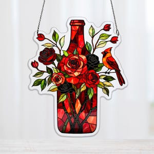 Deep Red Bottle Acrylic Window Decor, Ruby Rose Canopy and Cardinal Accent, Mothers Day Gift for Mom, deep red decor, red cardinal art