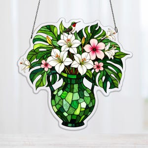 Botanical Lily and Orchid Acrylic Suncatcher, Emerald Jug Window Ornament for Kitchen, green vase decor, sunroom window hanging