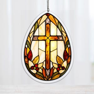 Traditional Church Bible Verse Scripture Cross Egg Faux Glass Decor, Elegant Flat Acrylic Suncatcher, Religious Easter Present