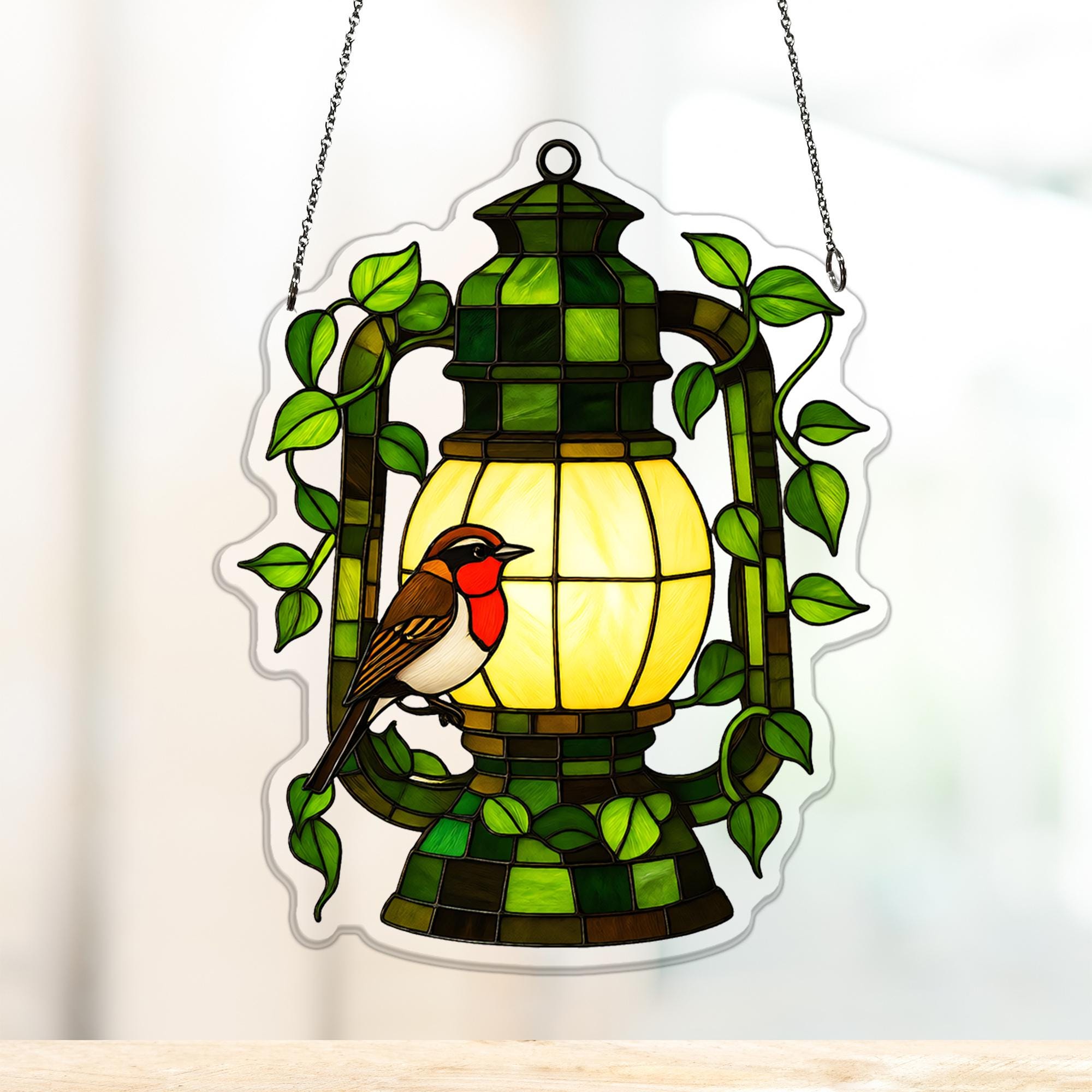 Robin on Ivy Lantern Acrylic Window Hanging, Woodland Gift for Bird ...