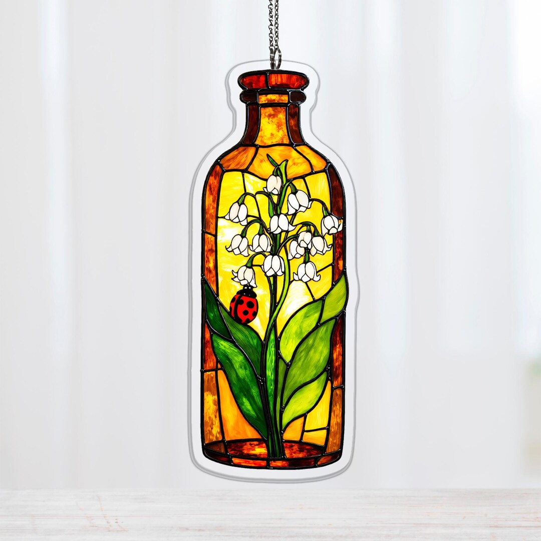 May Birth Flower Lily of the Valley Acrylic Suncatcher, Amber Bottle ...