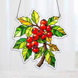 Haws Acrylic Suncatcher, Hawthorn Branch Window Hanging for Bird Lover Gift and Woodland Room Decor, floral sun catcher, red berry decor