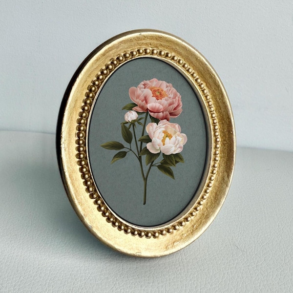 Illustration botanique d'une pivoine encadrée dans un cadre ovale doré de style vintage, fleur de naissance