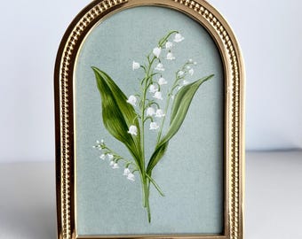 Lily of the Valley Framed Print in Vintage Style Gold Arch Frame May Birth Flower Botanical Illustration Antique Aesthetic Small