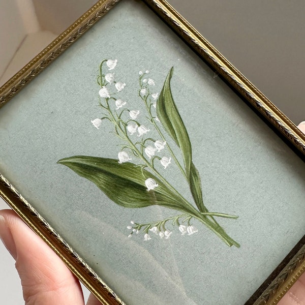 Lily of the Valley Framed Print in Vintage Brass Frame May Birth Flower Botanical Illustration