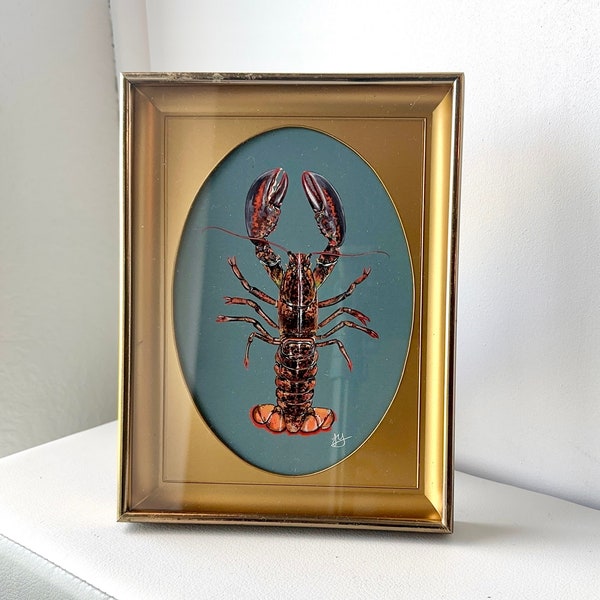 Lobster Framed Art Print Vintage Brass Frame Gold Antique Ocean Themed Kitchen Decor Victorian Gallery Wall Academia Sea Animals