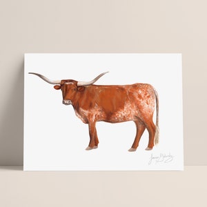 Texas Longhorn Art Print UT Austin Illustration Cattle Painting Southern Wall Decor