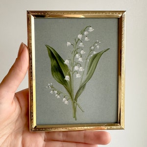 Lily of the Valley Framed Print in Vintage Brass Frame May Birth Flower Botanical Illustration