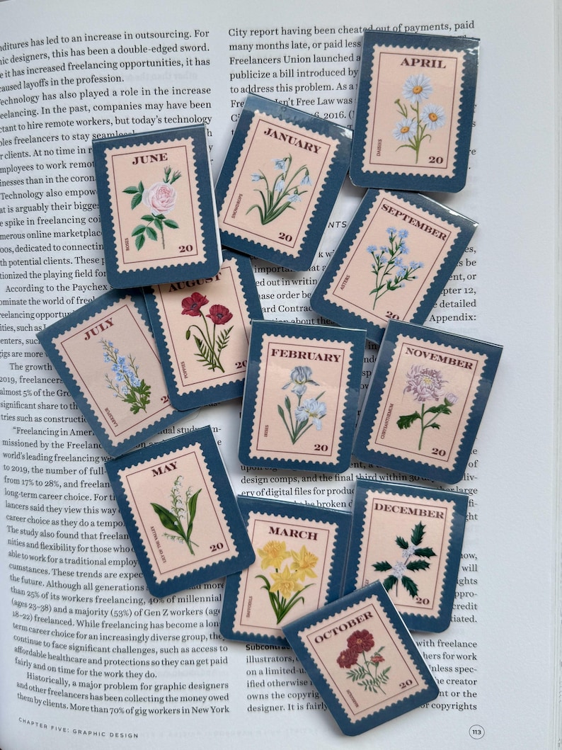 May include: A collection of twelve rectangular stickers, each featuring a floral illustration and a month name. The stickers have a blue border and the number '20'. The months are January through December, with various flowers.